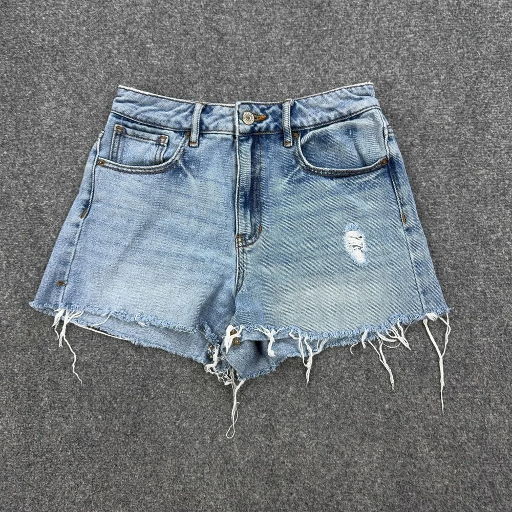PacSun Mom Shorts Womens 26 Blue Denim Distressed Cutoff Fringe 3 Inseam Casual